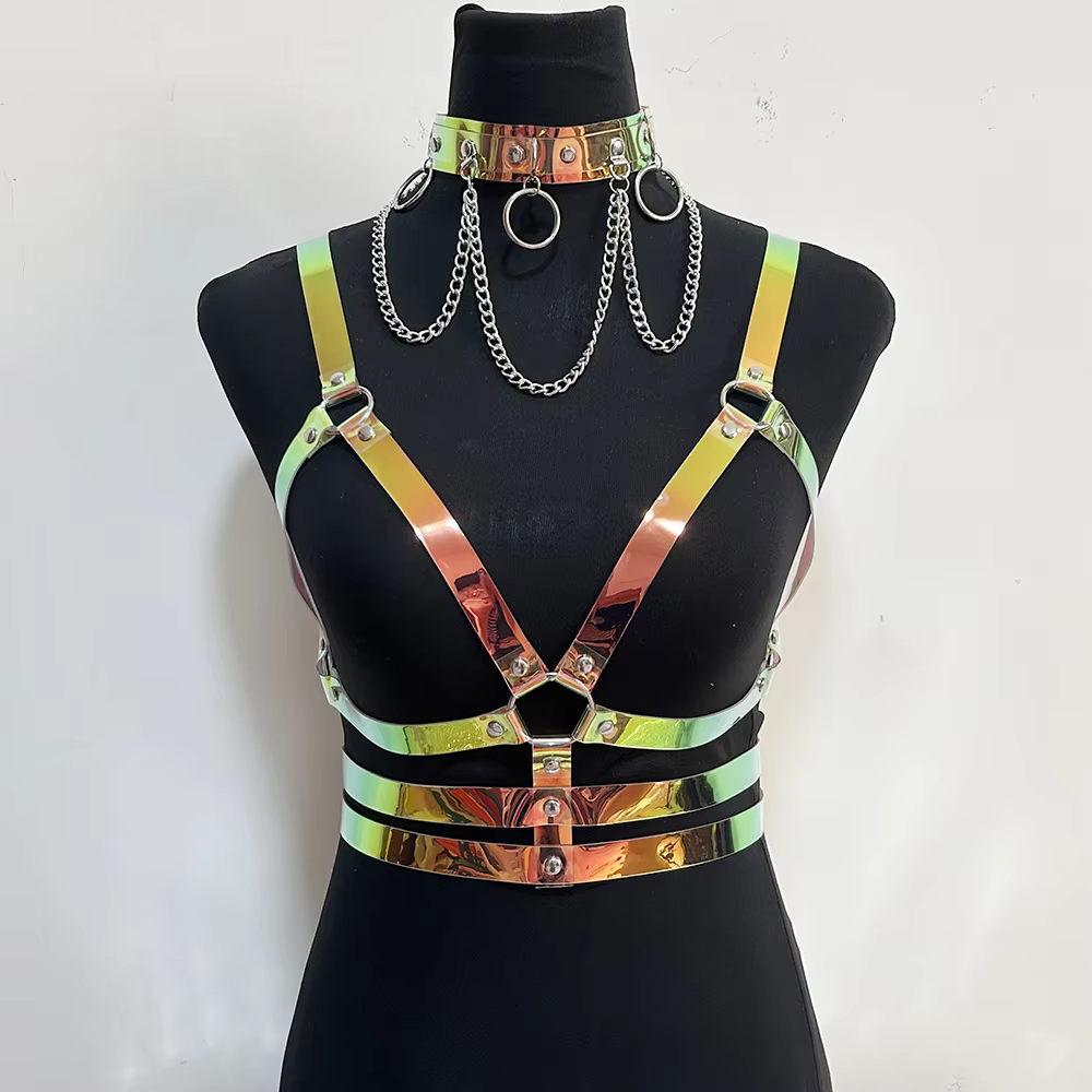 Golden Rainbow PVC Harness detail shot on model's torso | Ravers Co