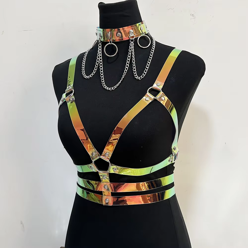 Golden Rainbow PVC Harness on model from a three-quarter angle | Ravers Co