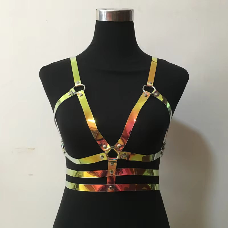 Golden Rainbow PVC Harness laid flat showing full geometric design | Ravers Co