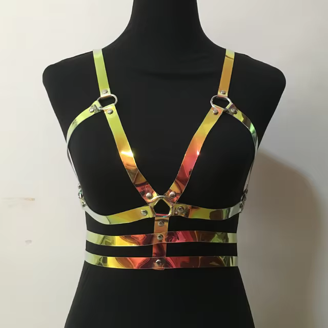 Back view of the Golden Rainbow PVC Harness on a model | Ravers Co