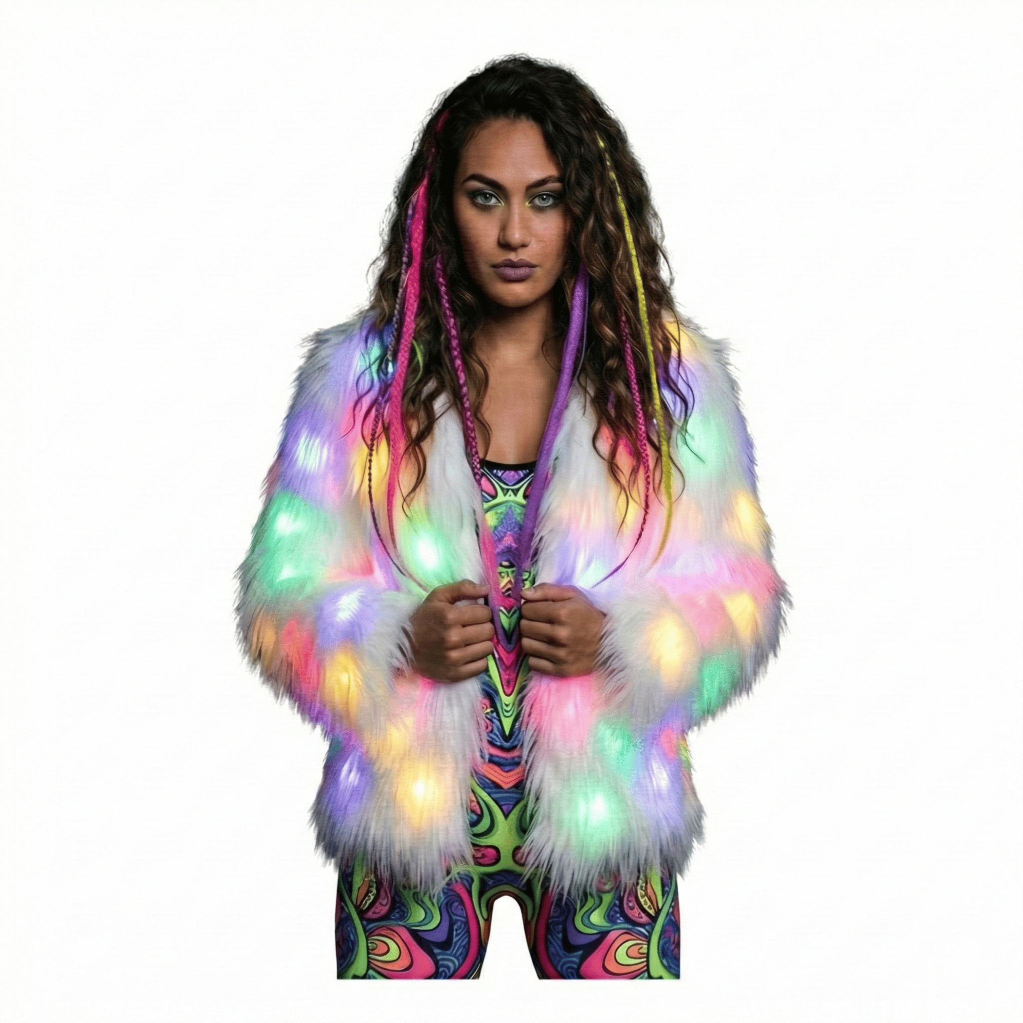 A photo of a model wearing the led faux fur coat with a white BG