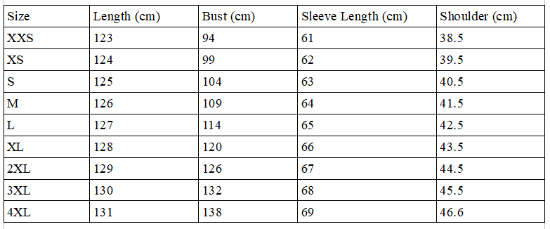 Size chart for the mermaid sequin fur coat
