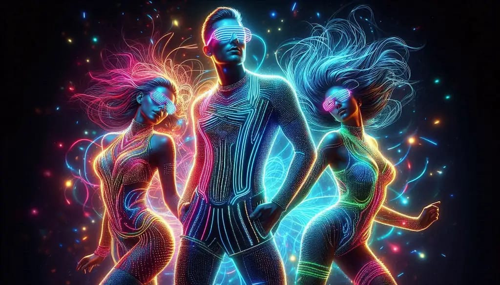 Man and Two woman dancing in Fibre Optic Ravewear