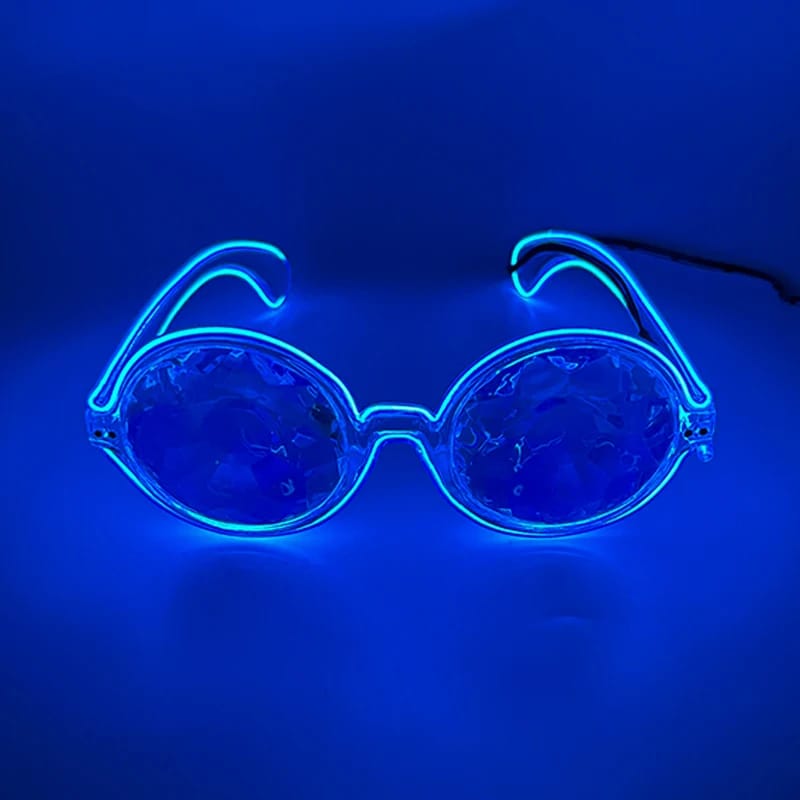 Trippy LED Kaleidoscope Glasses with white light frame on | Ravers Co