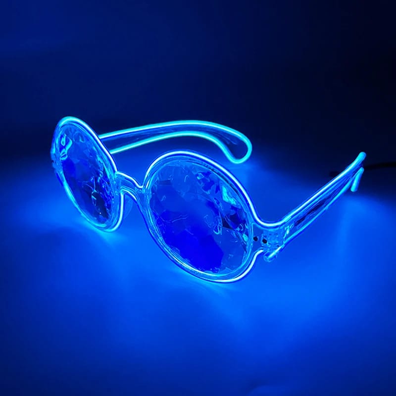 Trippy LED Kaleidoscope Glasses with pink light frame on | Ravers Co