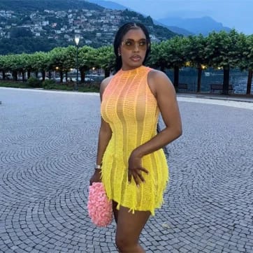 Mesh Tassel Colour Changing Mini Dress - view from a low angle | Ravers Co