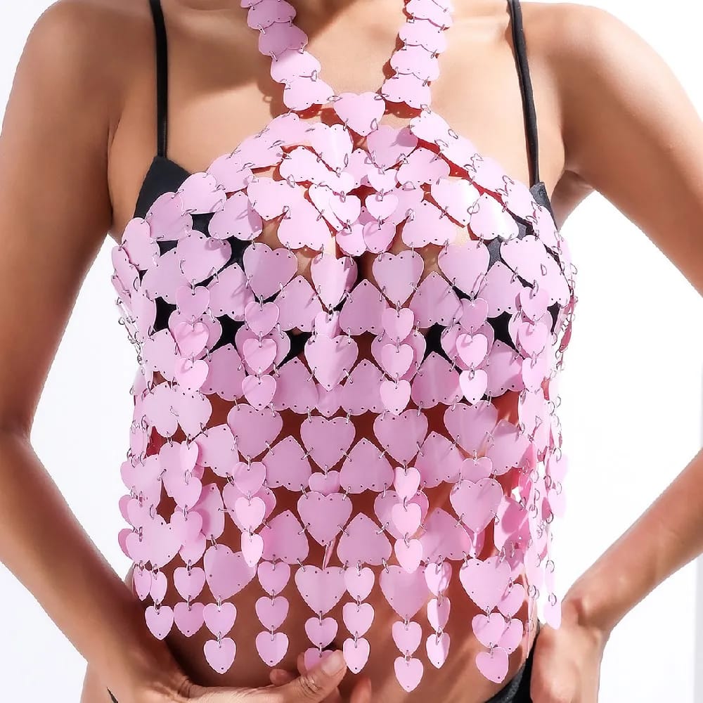 Model wearing Pink Heart Chain Halter Top at a festival | Ravers Co