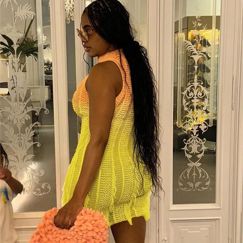 Mesh Tassel Colour Changing Mini Dress - detailed view of mesh fabric | Ravers Co