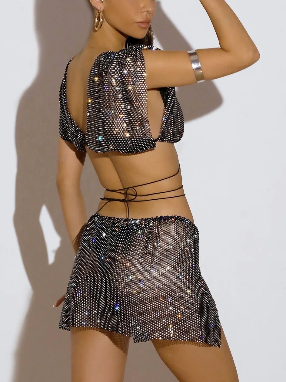 Detail shot of the Black Rhinestone Rave Set's skirt | Ravers Co