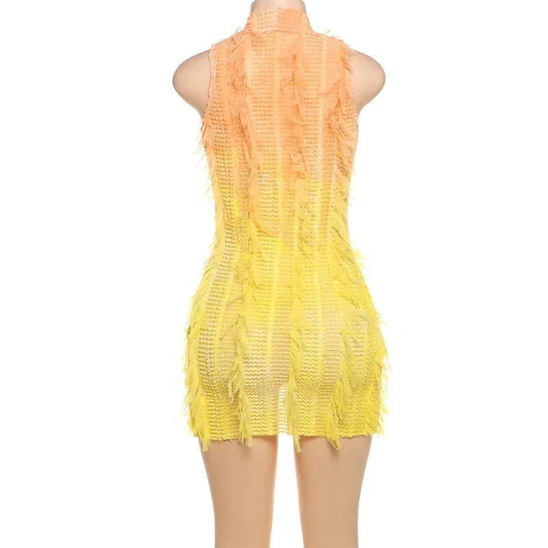 Mesh Tassel Colour Changing Mini Dress - close up of tassel detail | Ravers Co