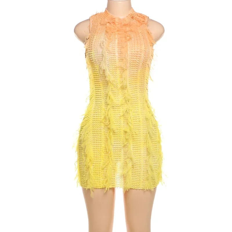 Mesh Tassel Colour Changing Mini Dress - back view on model | Ravers Co