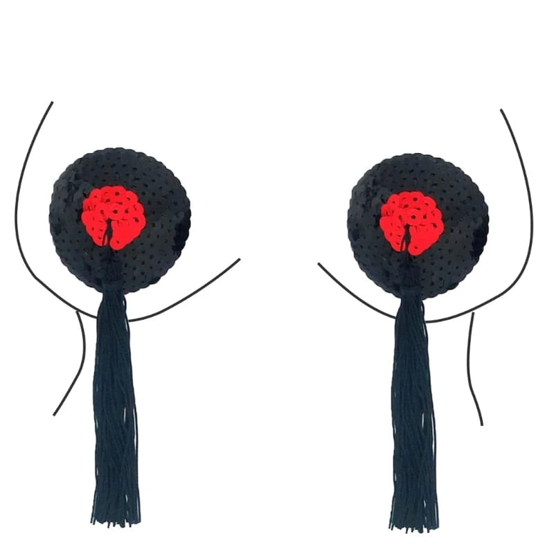 Black & Red Sequin Tassel Pasties - showing the self-adhesive silicone backing | Ravers Co