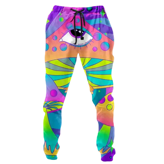 Trippy Mushroom Dancing Trousers - close-up of psychedelic mushroom print fabric | Ravers Co
