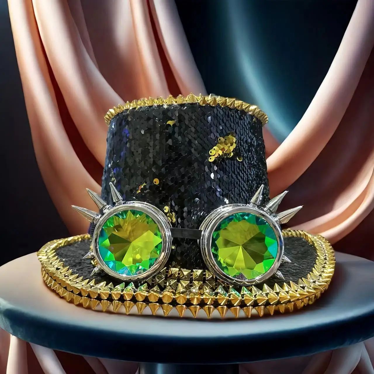 Steampunk Spike Top Hat with Blue Kaleidoscope Goggles - Detail Shot | Ravers Co
