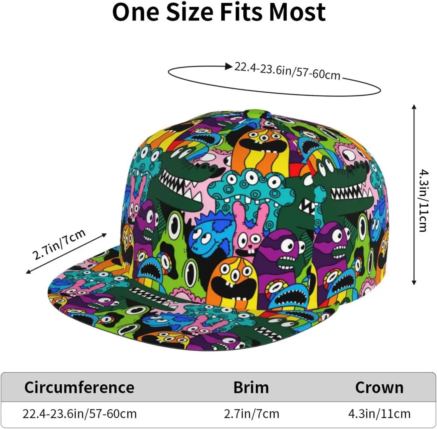 Diagram showing dimensions of the Trippy Creature Baseball Cap (57-60cm) | Ravers Co