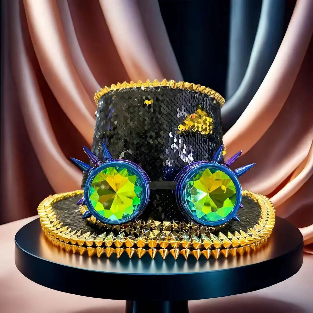 Steampunk Spike Top Hat with Gold Kaleidoscope Goggles - Side Angle | Ravers Co