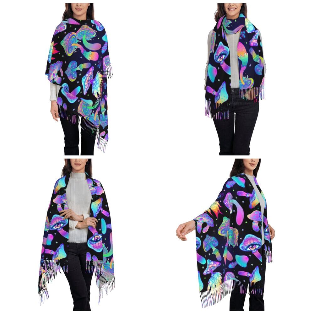 Close-up detail of the psychedelic magic mushroom print on the festival pashmina | Ravers Co