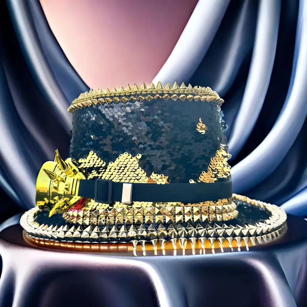 Detail shot of the sequins and spikes on the Steampunk Top Hat | Ravers Co
