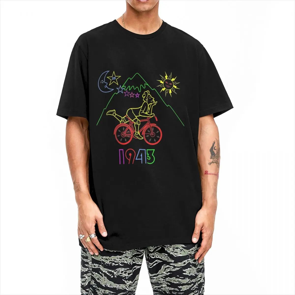 On Your Bike! Graphic Rave Shirt - front view with multicoloured psychedelic bike print | Ravers Co