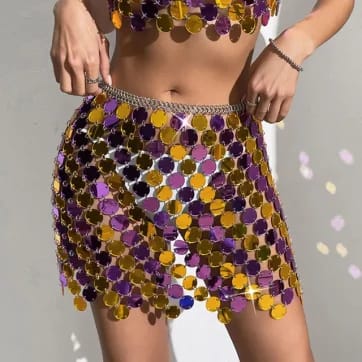 Sequin Circle Chain Skirt - front view on model | Ravers Co