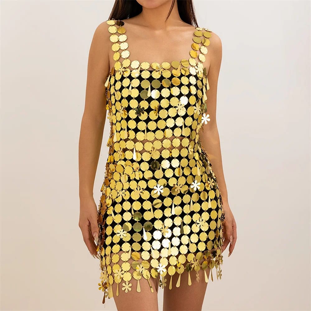 Model wearing the Silver Sequin Body Chain Dress at a festival | Ravers Co