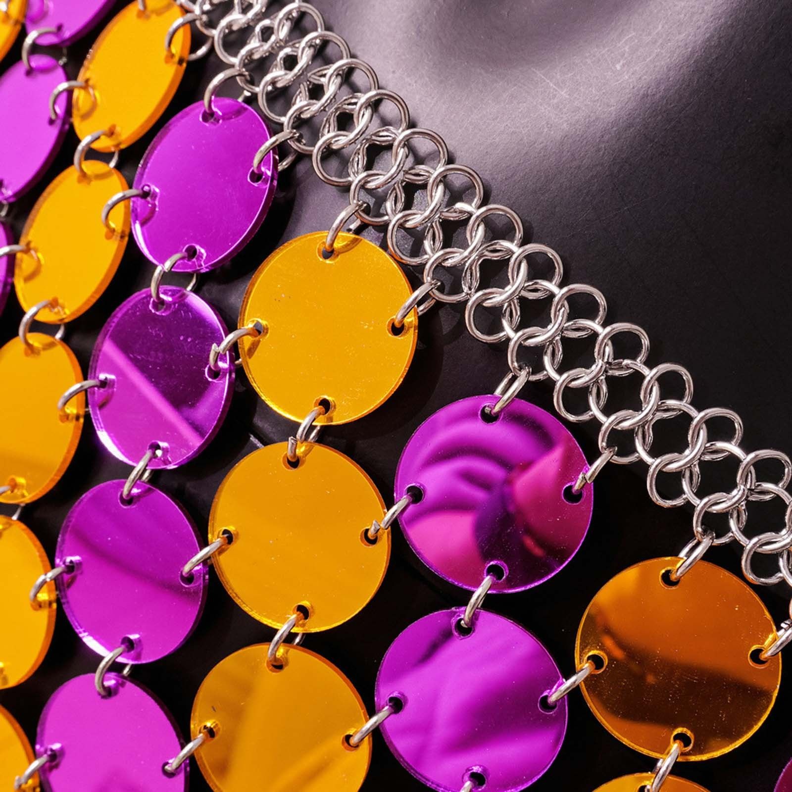 Sequin Circle Chain Skirt - close-up of iridescent acrylic circles and chain | Ravers Co