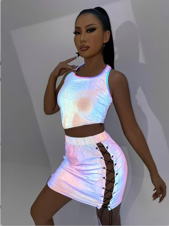 Reflective Lace-Up Rave Skirt 4 Reflective Lace-Up Rave Skirt with matching top - full outfit view | Ravers Co