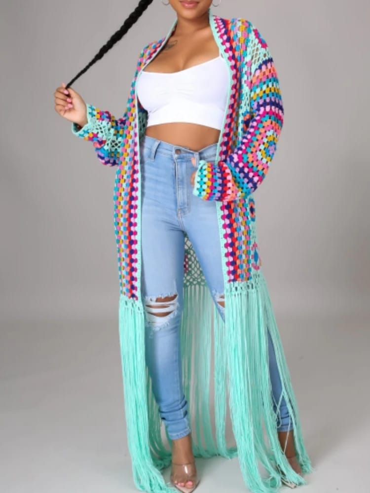 Full outfit with the Pink Trippy Crochet Tassel Cardigan for ravewear | Ravers Co