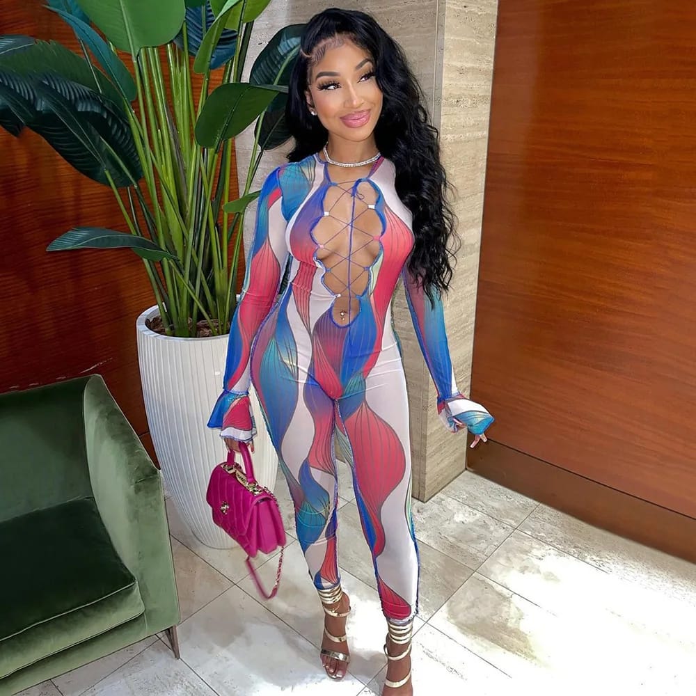 Mesh Lace-Up Rave Jumpsuit in Blue - Full Body View | Ravers Co