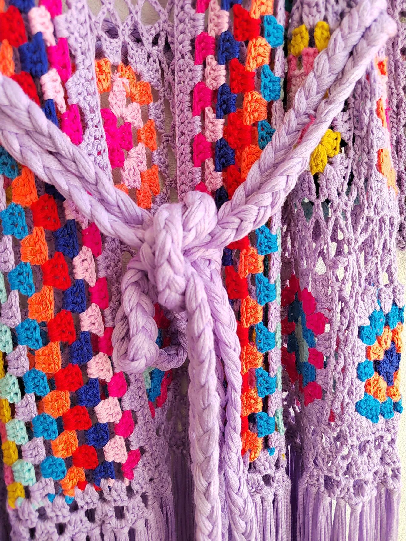 Detailed knot on the crochet tassel of the festival cardigan | Ravers Co