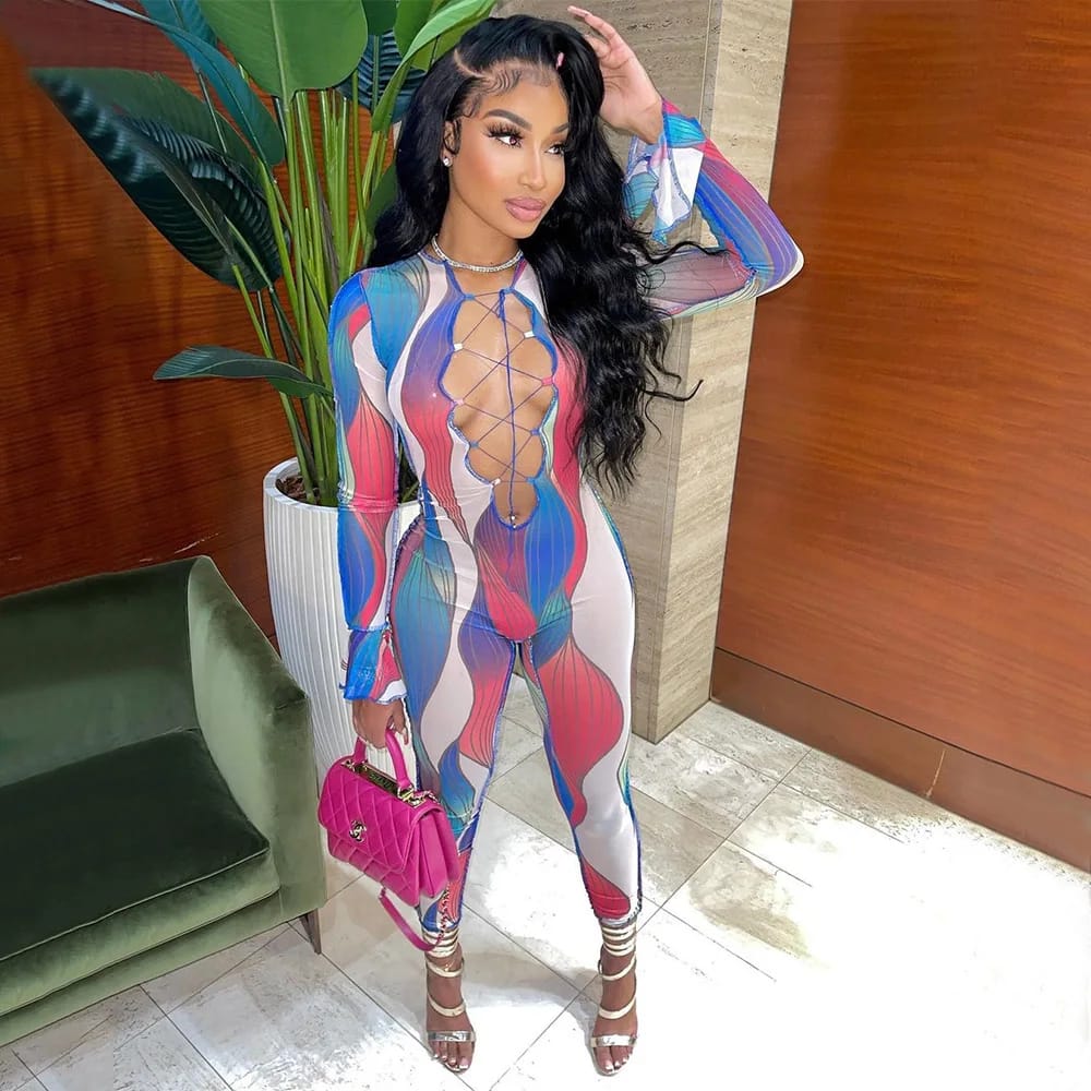 Blue Mesh Rave Jumpsuit - Close up on wavy print fabric | Ravers Co