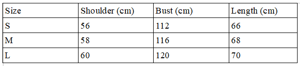 Size chart for the open heart rave tank