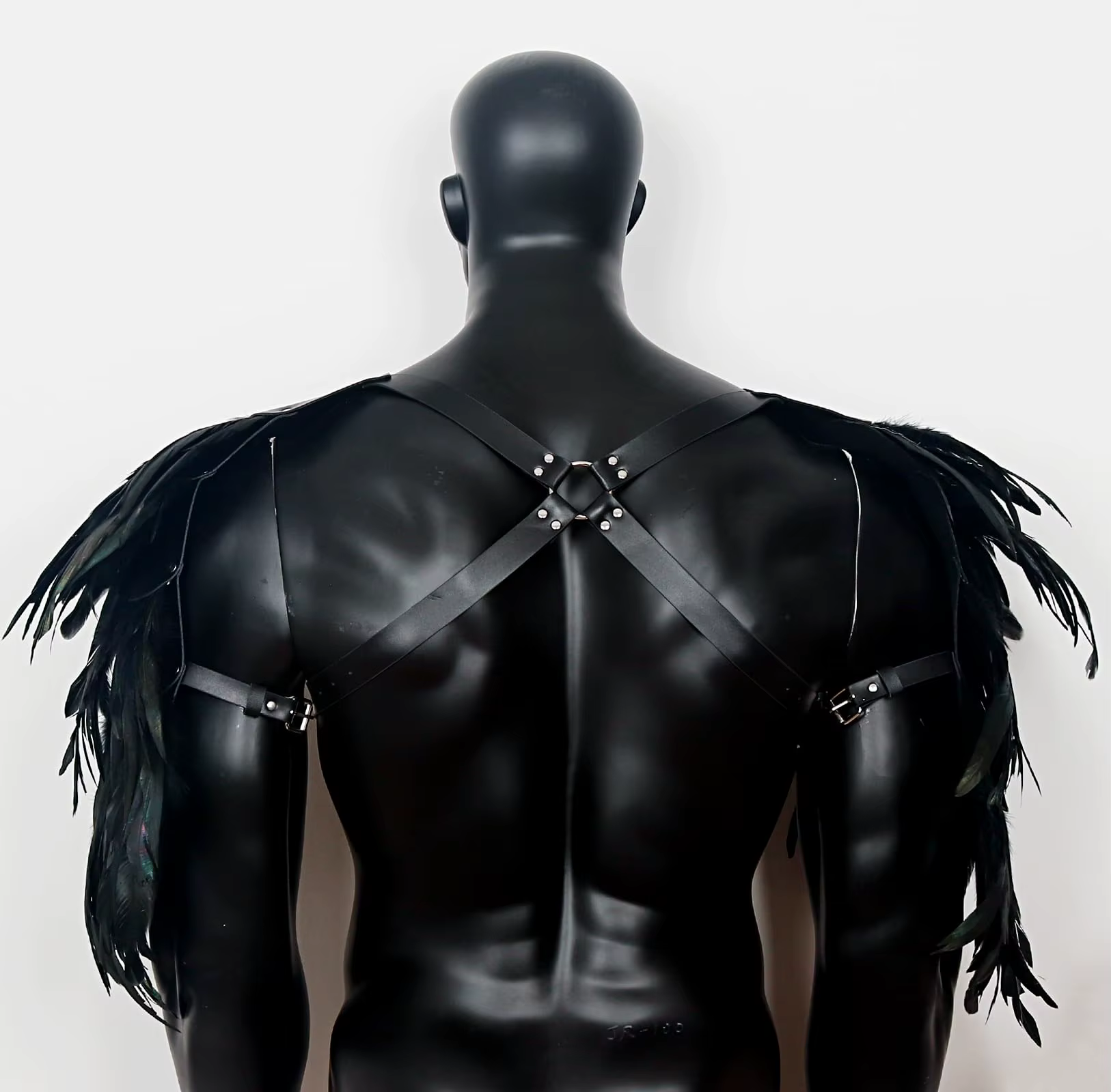 Back view of the PU Leather Freedom Harness showing adjustable straps and feather shoulder details | Ravers Co