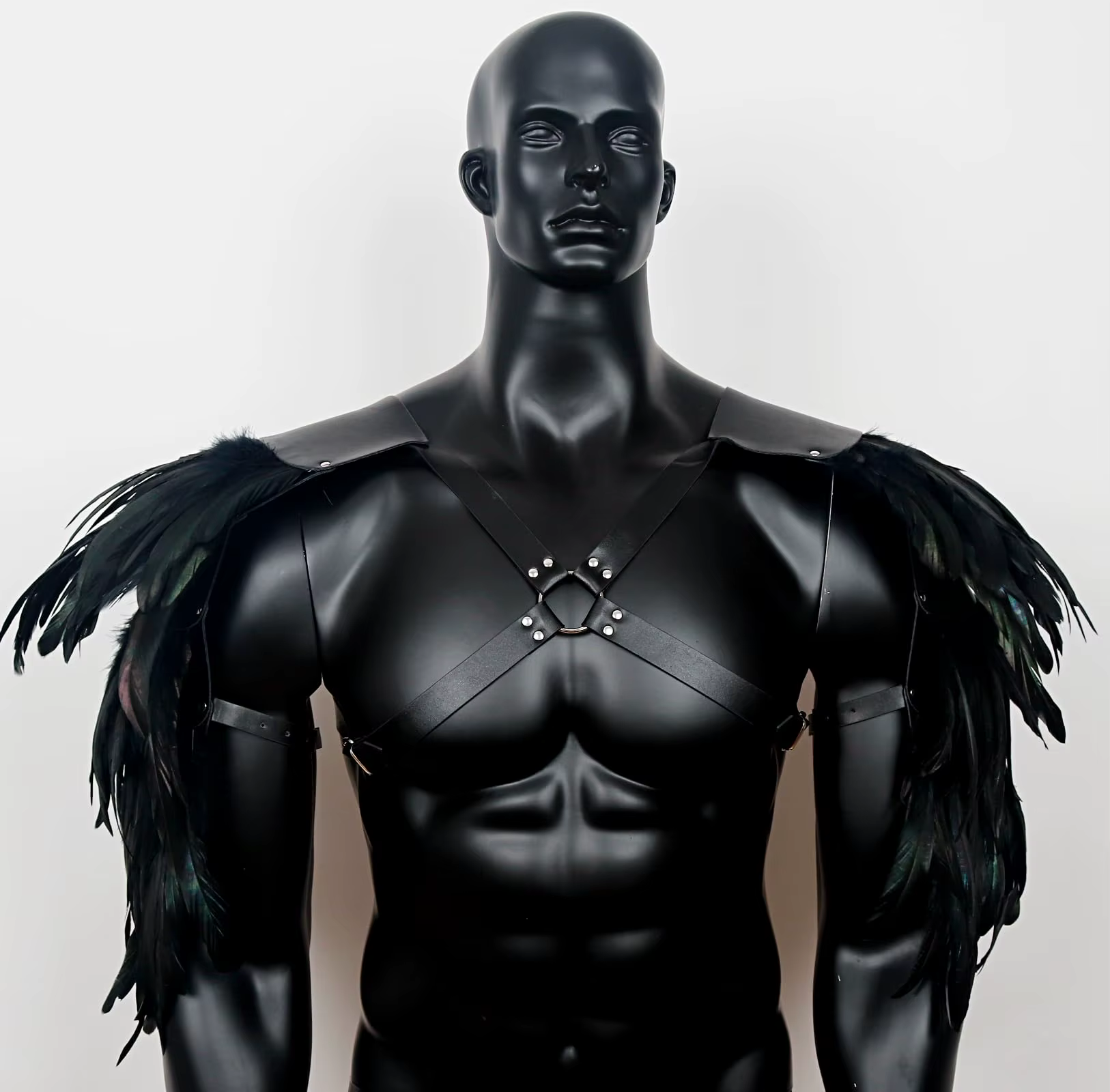 Front view of the PU Leather Freedom Harness on a mannequin showing metal buckles and straps | Ravers Co