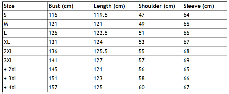 Size Chart for Blue Sequin LED Cloak Male Model