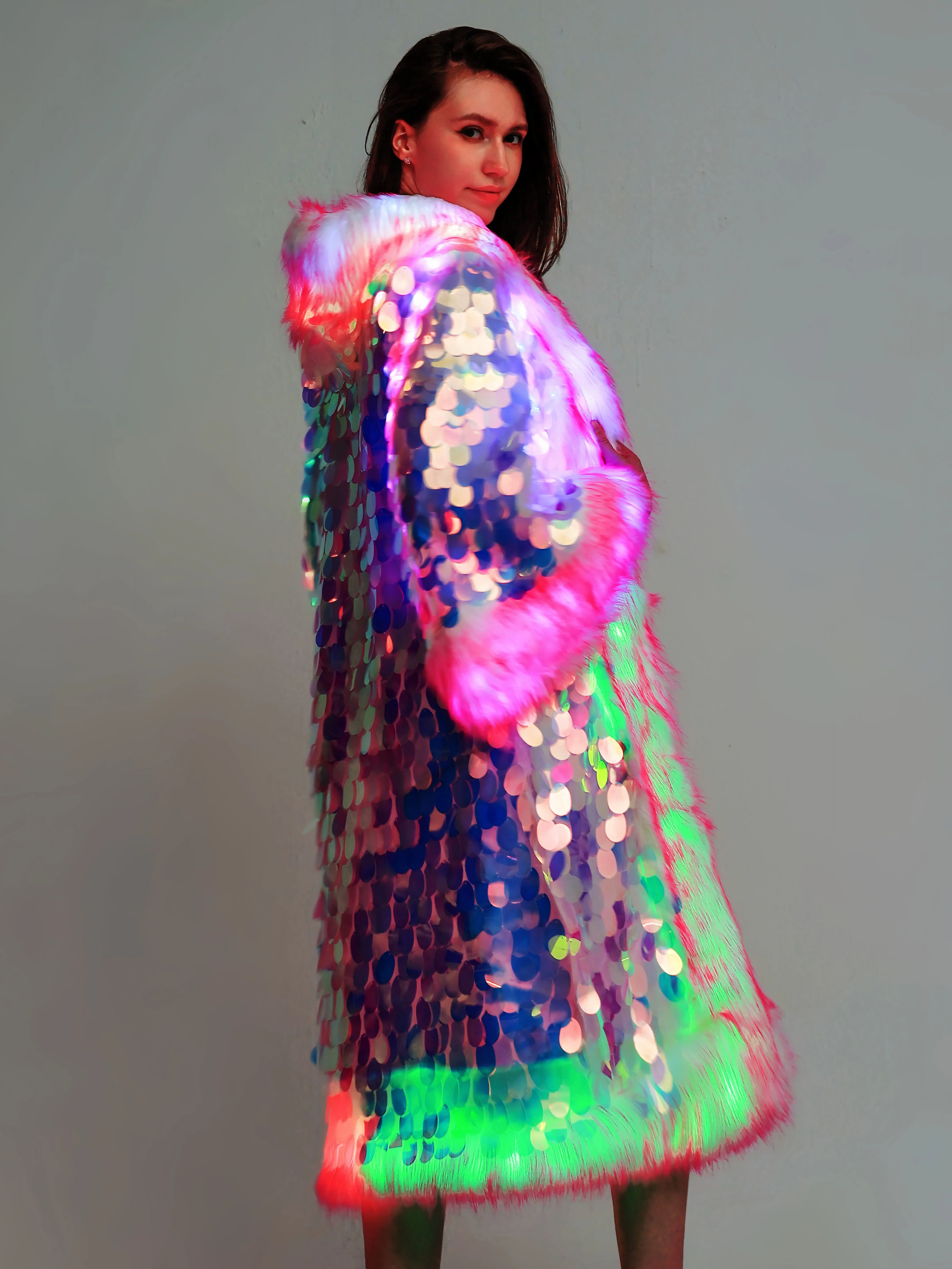 Side view of the LED Sequin Fur Cloak dimmed lighting