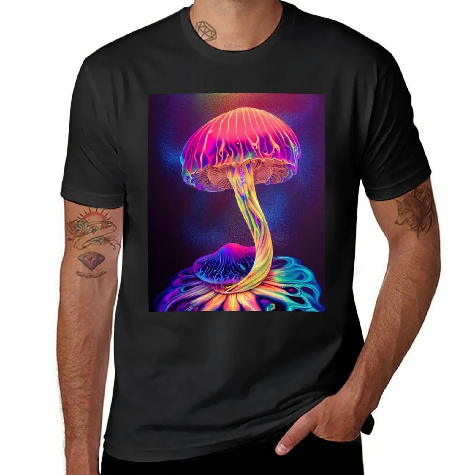 Trippy Mushroom T-Shirt in Black - front view with vibrant psychedelic print | Ravers Co