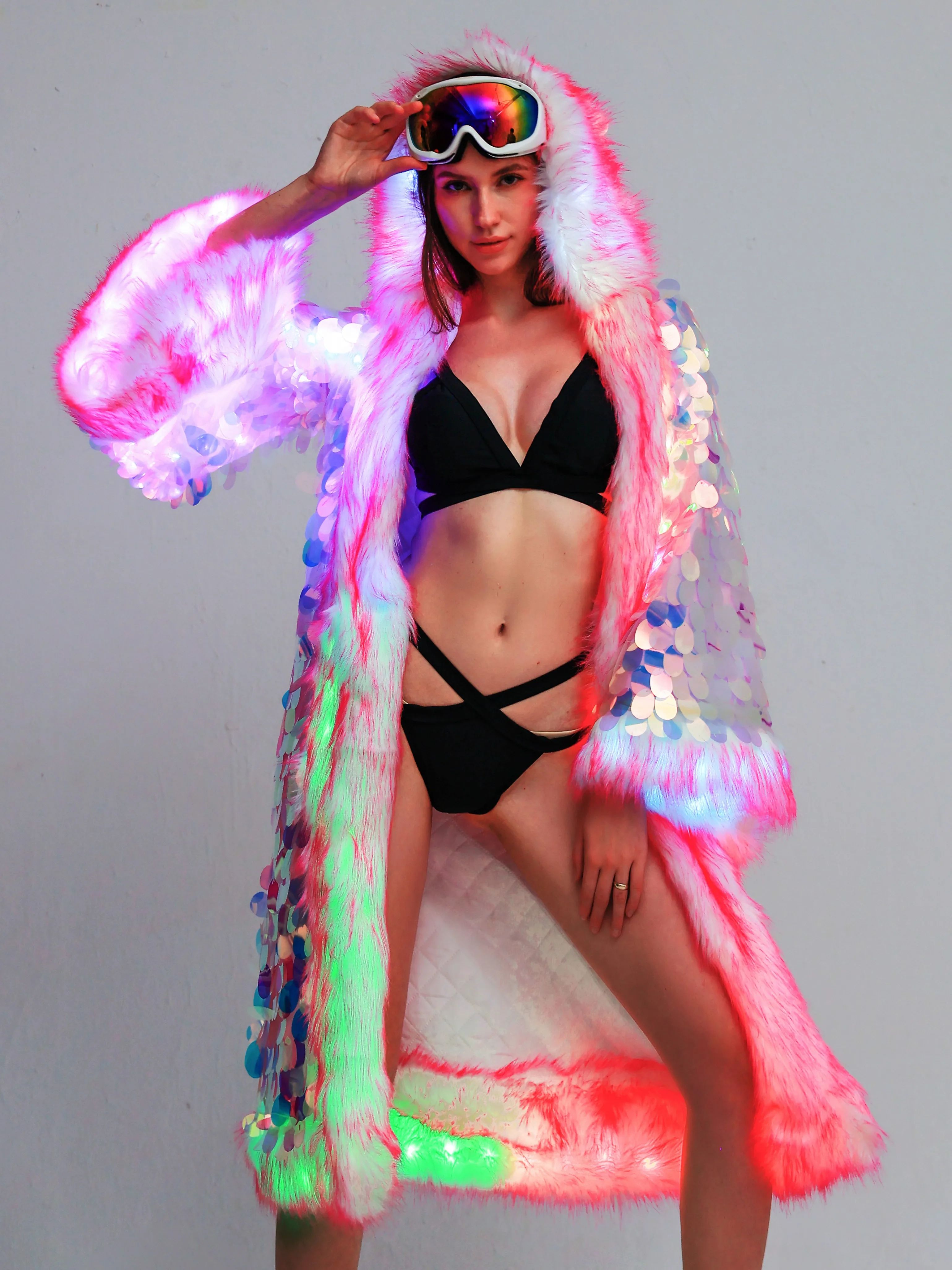 LED Sequin Fur Cloak front view