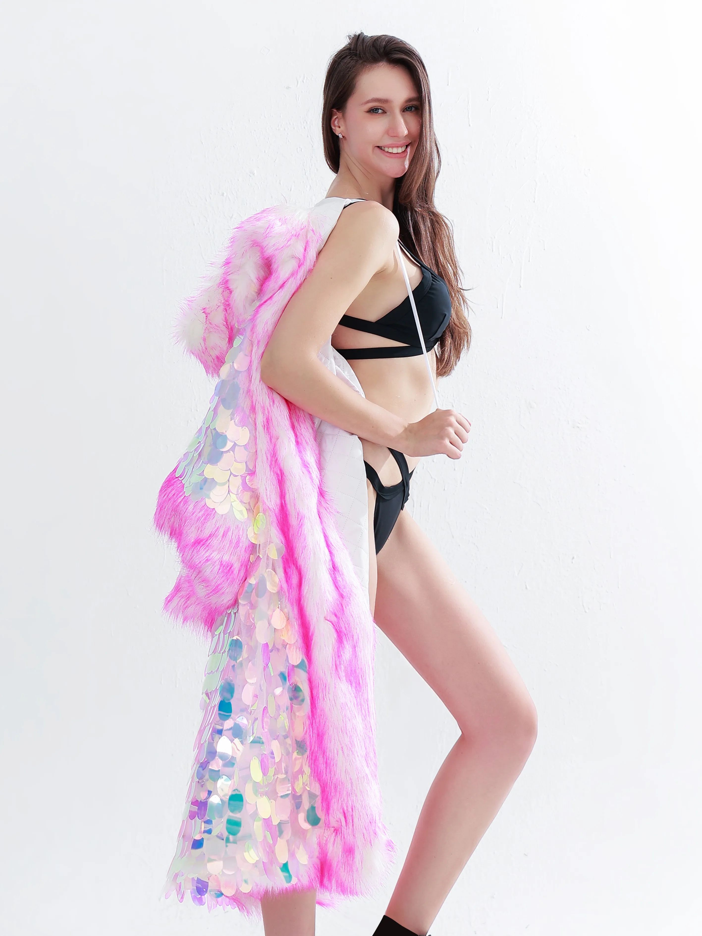 LED Sequin Fur Cloak draped on model