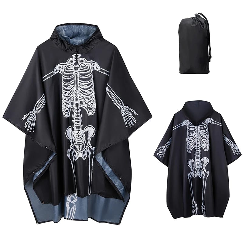 Close-up of the 3D skeleton print on the waterproof rain poncho | Ravers Co