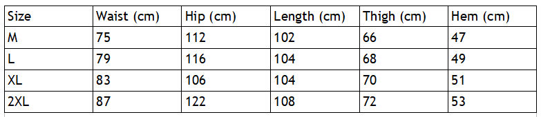 Size Chart for Glow Stripe Rave Pants.