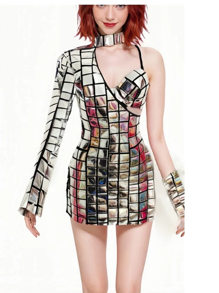 Silver Mirror Rave Dress - side angle showing reflective mirror tiles | Ravers Co