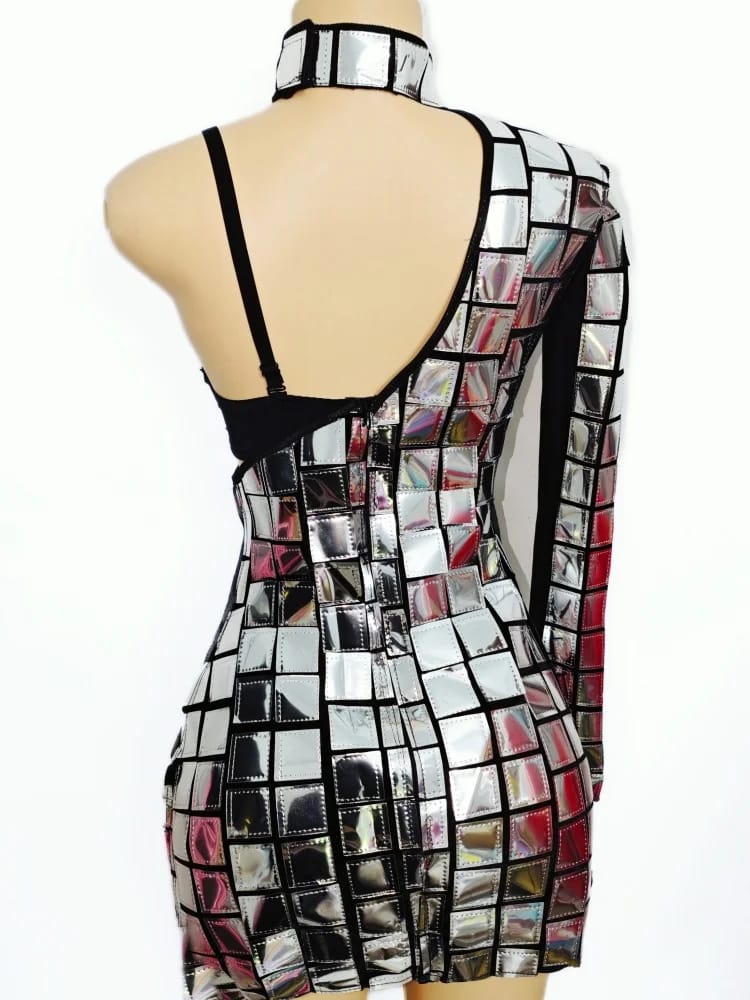 Silver Mirror Rave Dress - open back and choker collar detail | Ravers Co