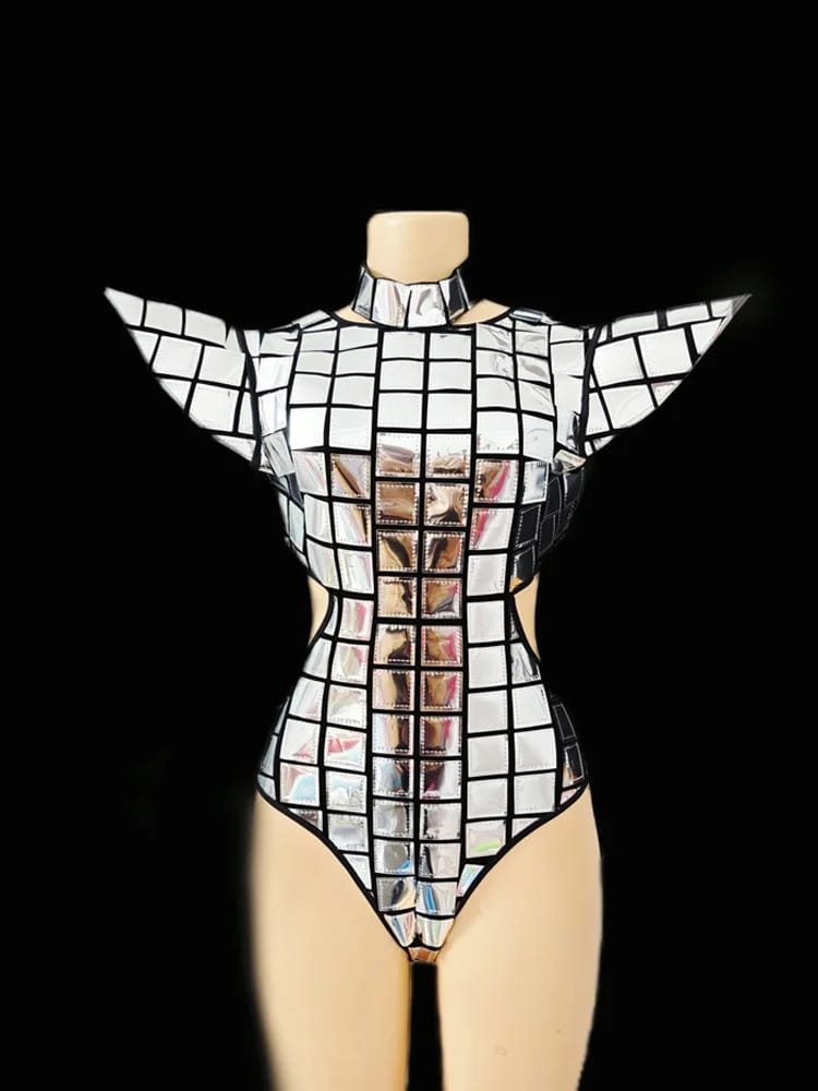Silver Rave Hero Suit - front view on a model showing reflective fabric and shoulder pads | Ravers Co