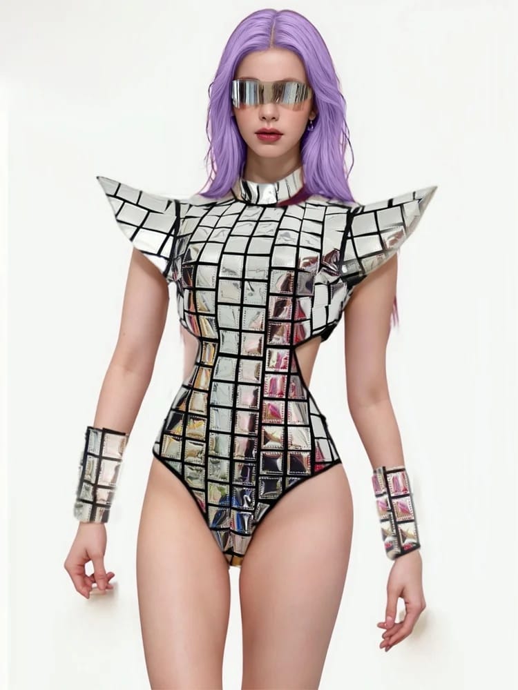 Silver Rave Hero Suit - model wearing the full outfit with matching arm bands | Ravers Co