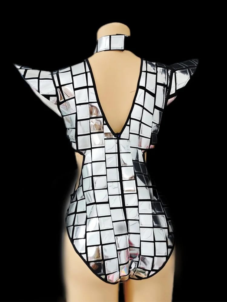 Silver Rave Hero Suit - back view showing diamond cutouts and fit | Ravers Co