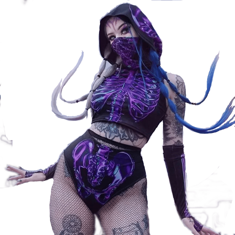 Purple Bones Rave Set - Front view of the hooded crop top and high waist briefs | Ravers Co