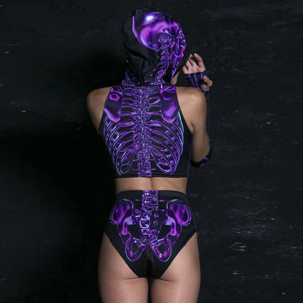 Purple Bones Rave Set - Side view of the model wearing the full outfit | Ravers Co