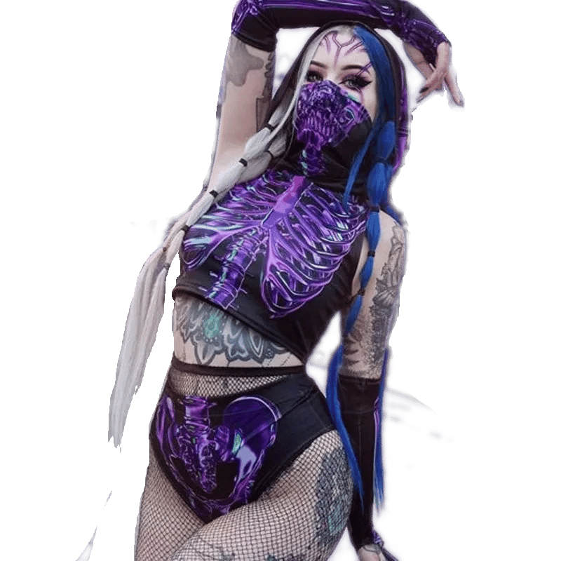 Purple Bones Rave Set - Back view showing the fit of the briefs and top | Ravers Co