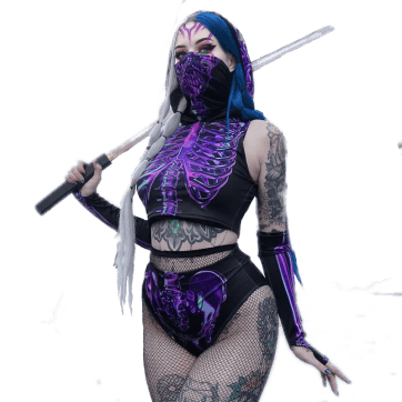Purple Bones Rave Set - Model wearing the 3-piece outfit holding a sword | Ravers Co
